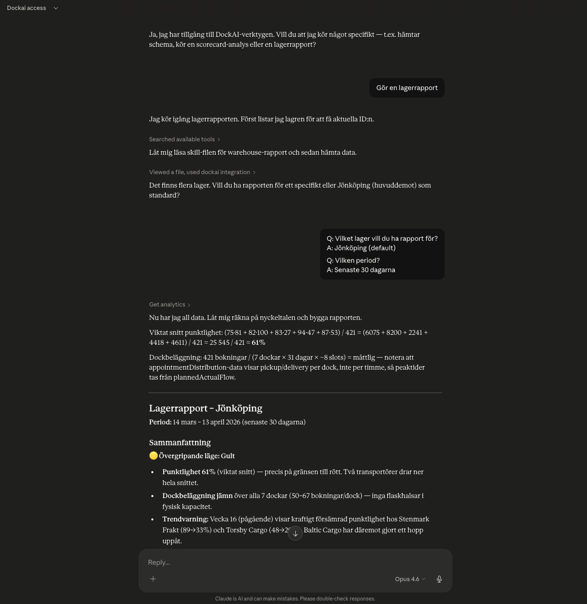 Dockai AI-assistent driven av Claude: ställ frågor om bokningsdata och få svar direkt.